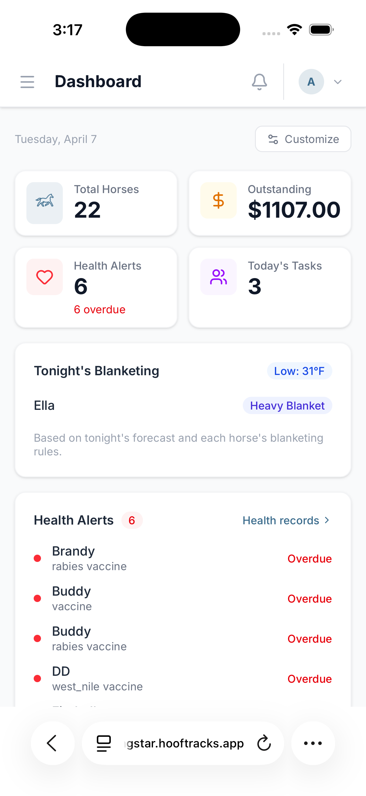 Hoof Tracks Stable Management Software dashboard